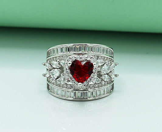 925 Silver Rhodium-Plated Zircon & Ruby Heart Ring
