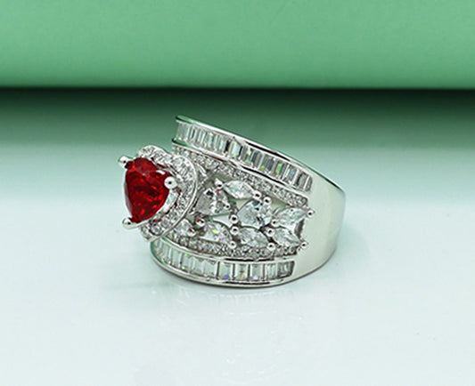 925 Silver Rhodium-Plated Zircon & Ruby Heart Ring