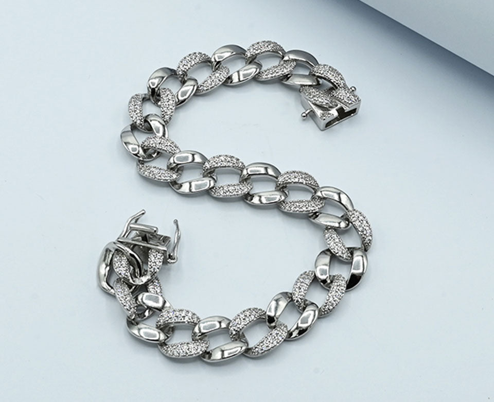Zircon-Studded Cuban Link Bracelet (925 Silver)