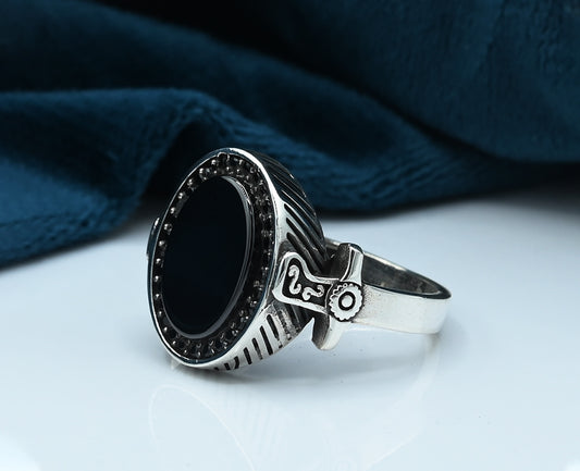 Turkish style Gents ring Silver 925 Rhodium plated Studded with Black zirconia Stones