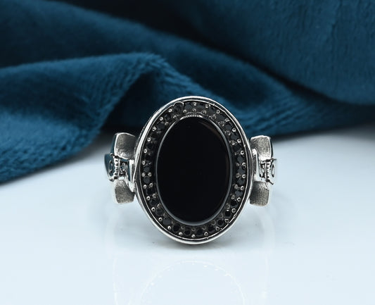 Turkish style Gents ring Silver 925 Rhodium plated Studded with Black zirconia Stones