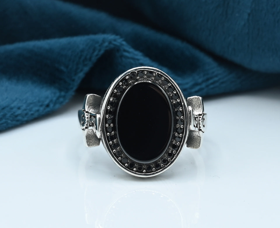 Turkish style Gents ring Silver 925 Rhodium plated Studded with Black zirconia Stones