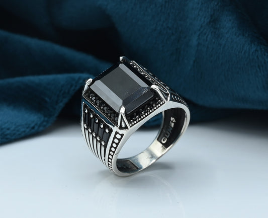 Turkish style Gents ring Silver 925 Rhodium plated Studded with Black zirconia Stones