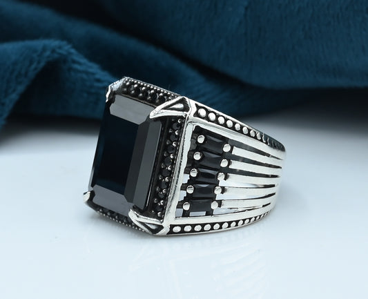 Turkish style Gents ring Silver 925 Rhodium plated Studded with Black zirconia Stones