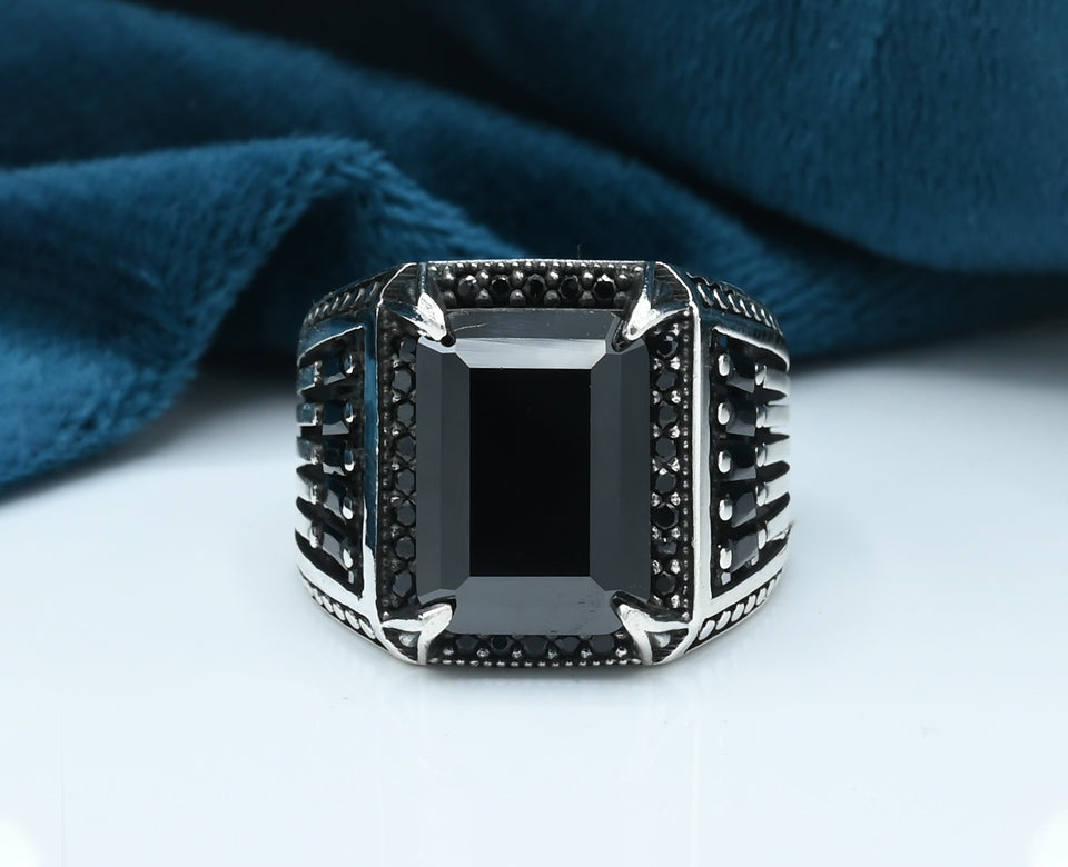 Turkish style Gents ring Silver 925 Rhodium plated Studded with Black zirconia Stones