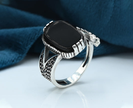 Gents Zulfiqar Ring  Silver 925  Studded With Fine quality Black Zirconia