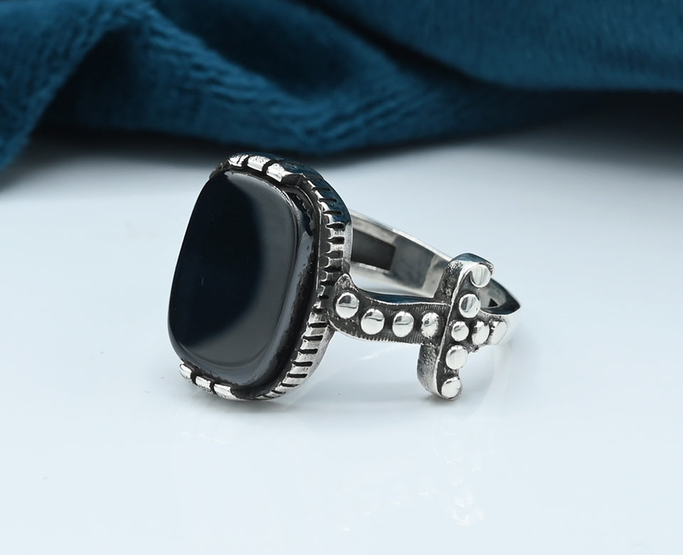 Gents Zulfiqar Ring  Silver 925  Studded With Fine quality Black Zirconia