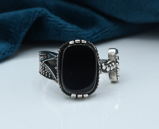 Gents Zulfiqar Ring  Silver 925  Studded With Fine quality Black Zirconia