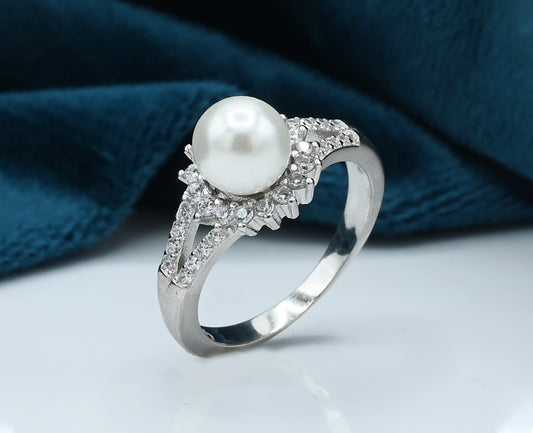 Ladies Pearl Ring Silver 925 Studded with fine quality Zirconia stone and Pearl Rhodium plated
