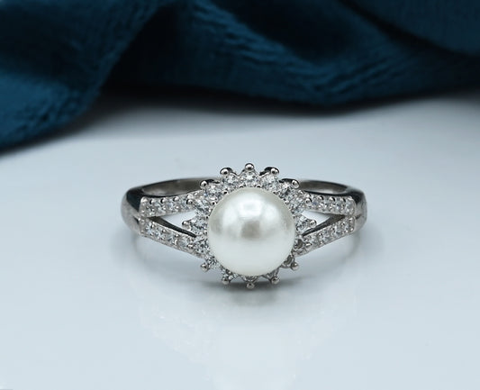 Ladies Pearl Ring Silver 925 Studded with fine quality Zirconia stone and Pearl Rhodium plated