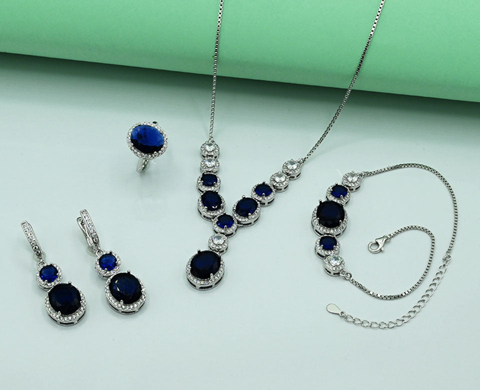 Silver 925 Rhodium-Plated Blue Sapphire Set