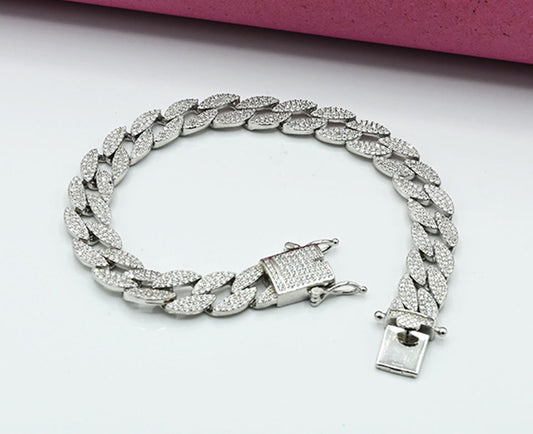 Sterling 925 Rhodium-Plated Cuban Link Zircon Bracelet