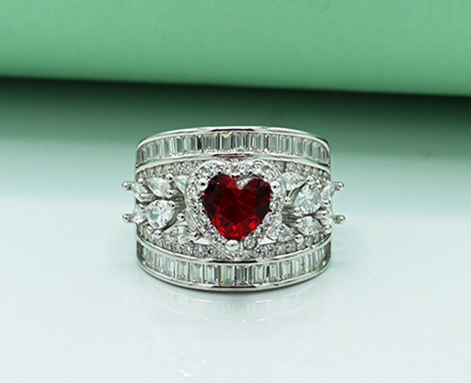 925 Silver Rhodium-Plated Zircon & Ruby Heart Ring