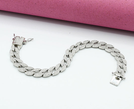 Sterling 925 Rhodium-Plated Cuban Link Zircon Bracelet