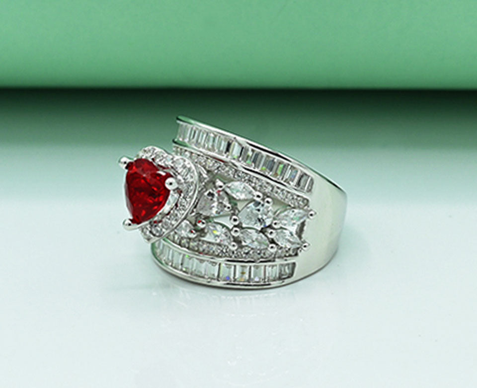 925 Silver Rhodium-Plated Zircon & Ruby Heart Ring