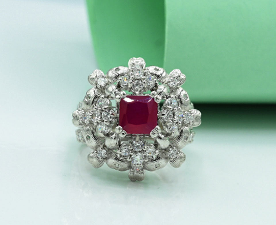 Ladies ring Silver 925 ladies ring  Rhodium plated Studded with zircons and ruby in the Centr