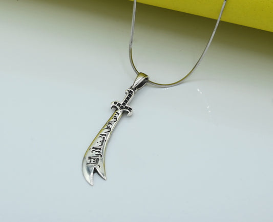 Zulfiqar Locket Chain Silver 925 Rhodium plated Studded with Black zirconia Stones