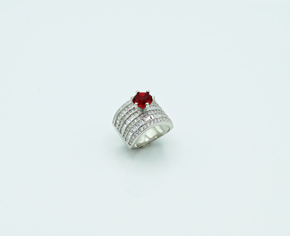 Ladies ring Silver 925 ladies ring  Rhodium plated Studded with zircons and spinel ruby in the Centr